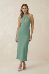 Halter Cut - Out Sheath Satin Midi Bridesmaid Dress in Mint Green - KissProm Bridesmaid Dresses