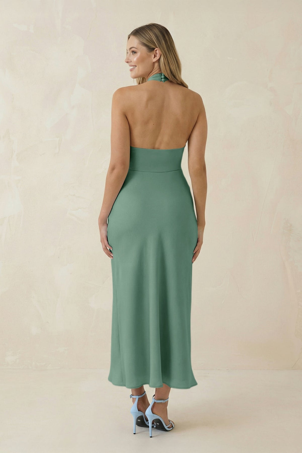 Halter Cut - Out Sheath Satin Midi Bridesmaid Dress in Mint Green - KissProm Bridesmaid Dresses