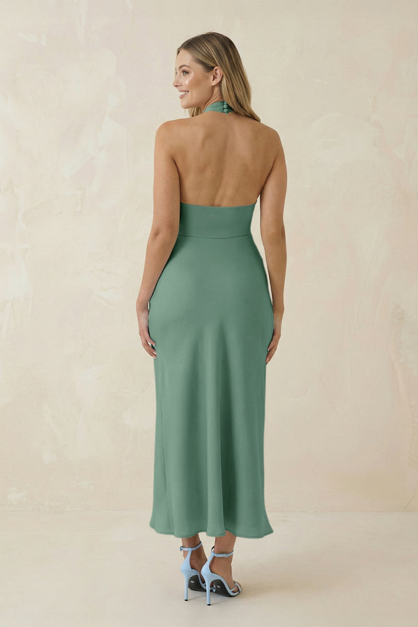 Halter Cut - Out Sheath Satin Midi Bridesmaid Dress in Mint Green - KissProm Bridesmaid Dresses