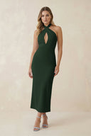 Halter Cut - Out Sheath Satin Midi Bridesmaid Dress in Moss - KissProm Bridesmaid Dresses