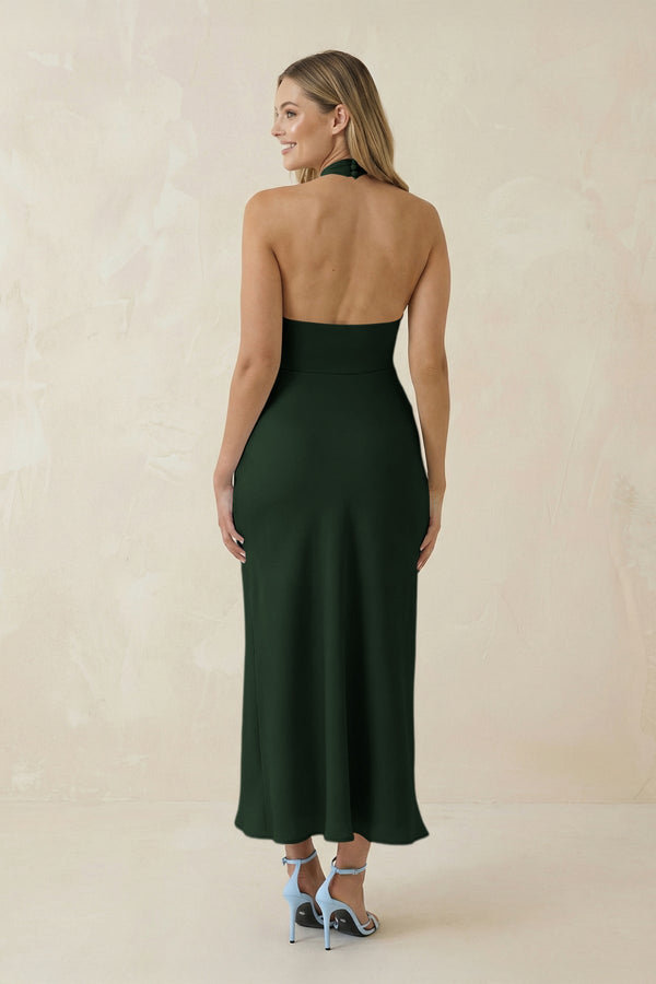 Halter Cut - Out Sheath Satin Midi Bridesmaid Dress in Moss - KissProm Bridesmaid Dresses