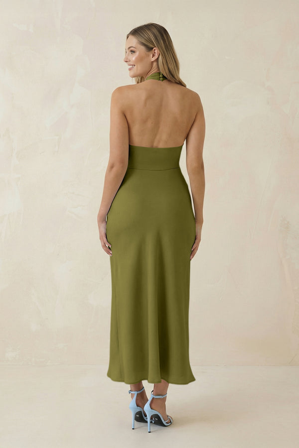 Halter Cut - Out Sheath Satin Midi Bridesmaid Dress in Moss Green - KissProm Bridesmaid Dresses