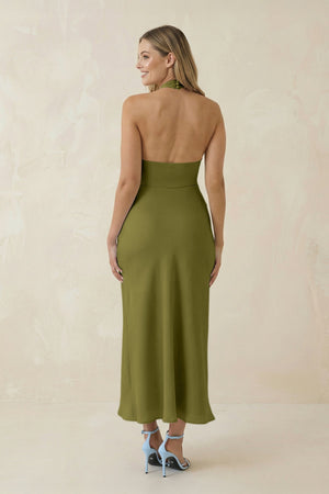 Halter Cut - Out Sheath Satin Midi Bridesmaid Dress in Moss Green - KissProm Bridesmaid Dresses