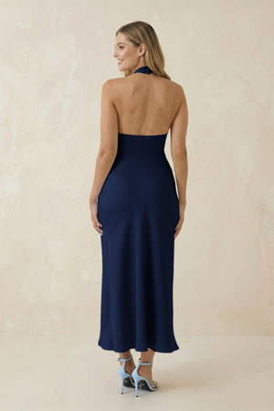 Halter Cut - Out Sheath Satin Midi Bridesmaid Dress in Navy - KissProm Bridesmaid Dresses