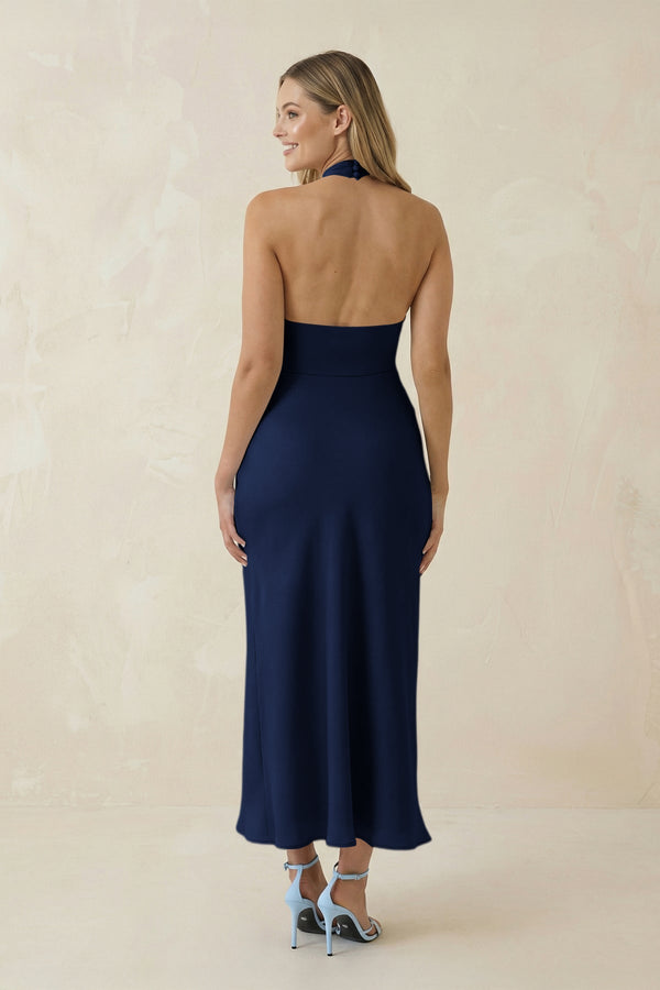 Halter Cut - Out Sheath Satin Midi Bridesmaid Dress in Navy - KissProm Bridesmaid Dresses