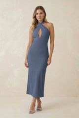 Halter Cut - Out Sheath Satin Midi Bridesmaid Dress in Neptune - KissProm Bridesmaid Dresses
