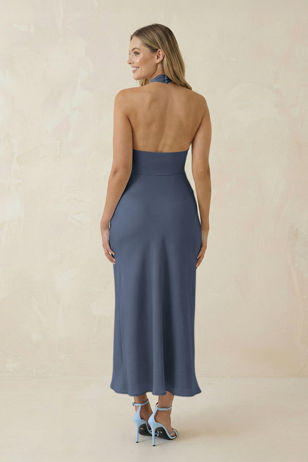 Halter Cut - Out Sheath Satin Midi Bridesmaid Dress in Neptune - KissProm Bridesmaid Dresses