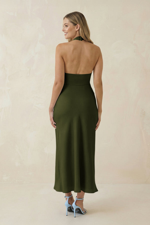 Halter Cut - Out Sheath Satin Midi Bridesmaid Dress in Olive - KissProm Bridesmaid Dresses