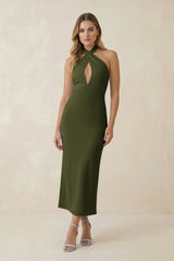 Halter Cut - Out Sheath Satin Midi Bridesmaid Dress in Olive - KissProm Bridesmaid Dresses