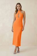 Halter Cut - Out Sheath Satin Midi Bridesmaid Dress in Orange - KissProm Bridesmaid Dresses