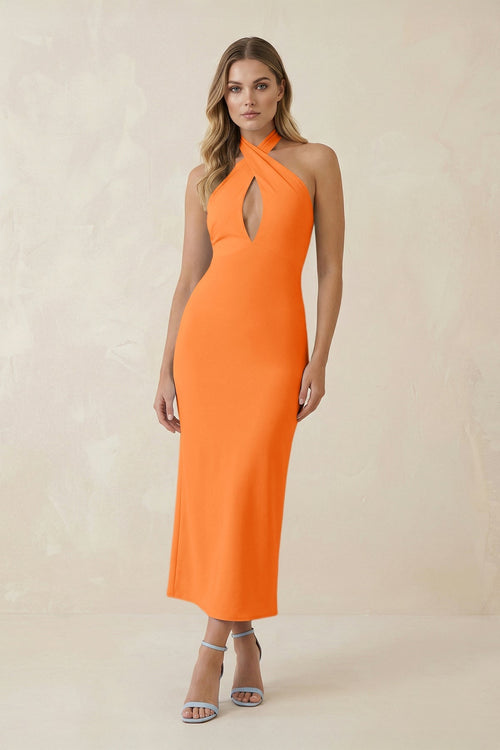 Halter Cut - Out Sheath Satin Midi Bridesmaid Dress in Orange - KissProm Bridesmaid Dresses