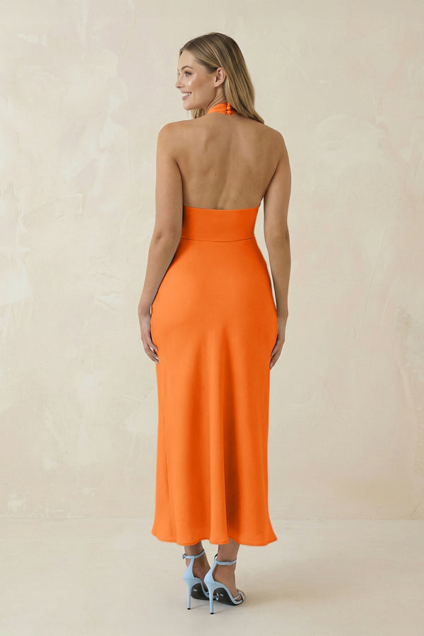 Halter Cut - Out Sheath Satin Midi Bridesmaid Dress in Orange - KissProm Bridesmaid Dresses