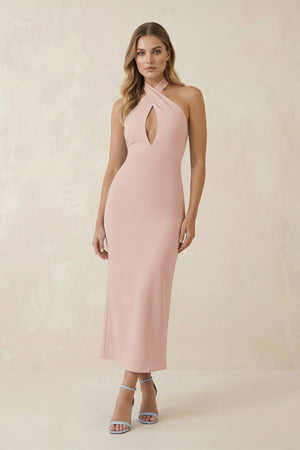 Halter Cut - Out Sheath Satin Midi Bridesmaid Dress in Pale Blush - KissProm Bridesmaid Dresses
