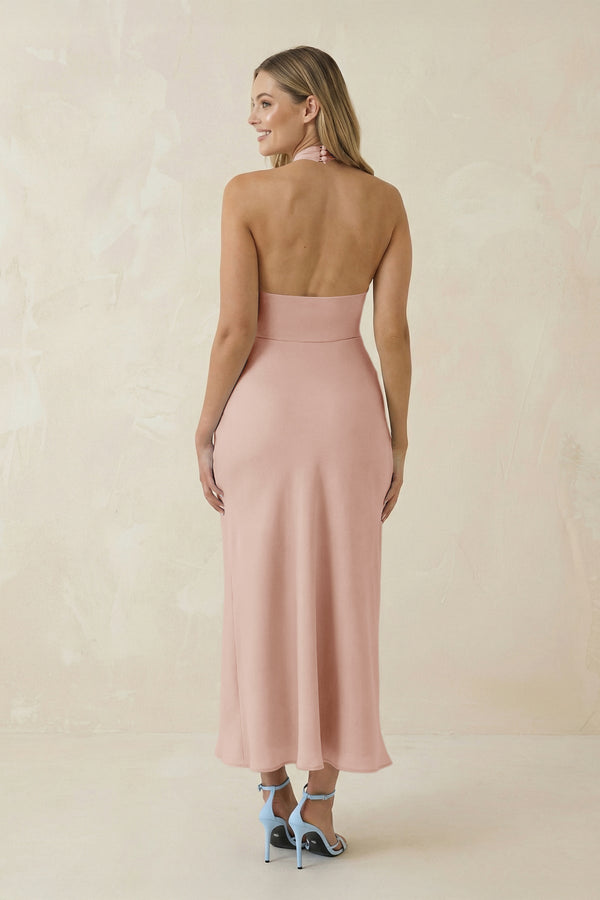 Halter Cut - Out Sheath Satin Midi Bridesmaid Dress in Pale Blush - KissProm Bridesmaid Dresses