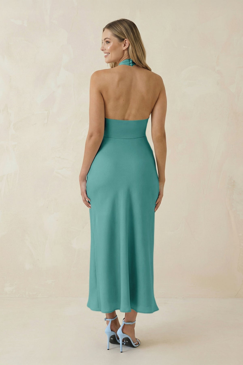 Halter Cut - Out Sheath Satin Midi Bridesmaid Dress in Pale Pistachio - KissProm Bridesmaid Dresses
