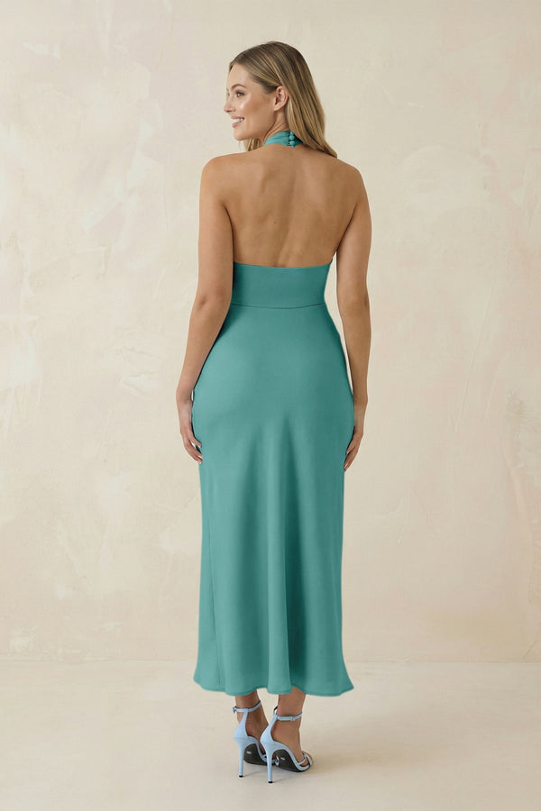 Halter Cut - Out Sheath Satin Midi Bridesmaid Dress in Pale Pistachio - KissProm Bridesmaid Dresses
