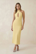 Halter Cut - Out Sheath Satin Midi Bridesmaid Dress in Pastel Yellow - KissProm Bridesmaid Dresses