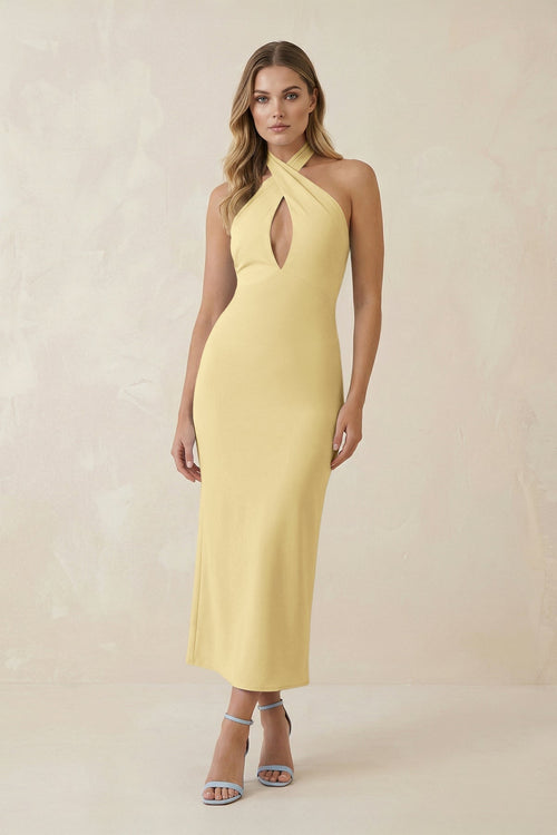 Halter Cut - Out Sheath Satin Midi Bridesmaid Dress in Pastel Yellow - KissProm Bridesmaid Dresses