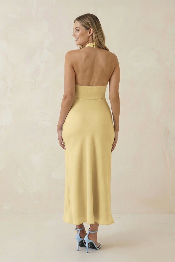 Halter Cut - Out Sheath Satin Midi Bridesmaid Dress in Pastel Yellow - KissProm Bridesmaid Dresses