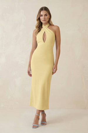 Halter Cut - Out Sheath Satin Midi Bridesmaid Dress in Pastel Yellow - KissProm Bridesmaid Dresses