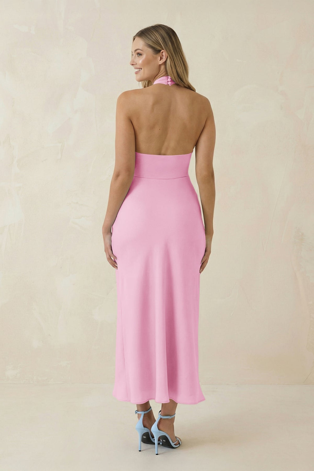 Halter Cut - Out Sheath Satin Midi Bridesmaid Dress in Pink - KissProm Bridesmaid Dresses