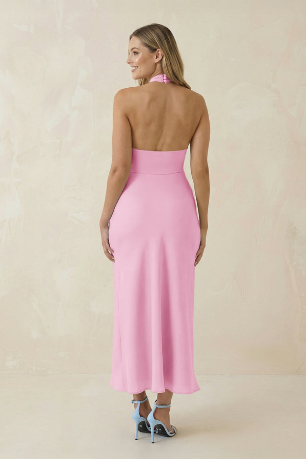 Halter Cut - Out Sheath Satin Midi Bridesmaid Dress in Pink - KissProm Bridesmaid Dresses