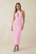Halter Cut - Out Sheath Satin Midi Bridesmaid Dress in Pink - KissProm Bridesmaid Dresses