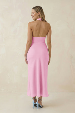 Halter Cut - Out Sheath Satin Midi Bridesmaid Dress in Pink - KissProm Bridesmaid Dresses