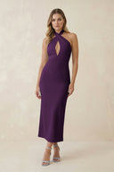 Halter Cut - Out Sheath Satin Midi Bridesmaid Dress in Plum - KissProm Bridesmaid Dresses