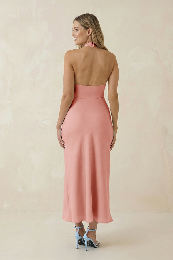 Halter Cut - Out Sheath Satin Midi Bridesmaid Dress in Rose Petal - KissProm Bridesmaid Dresses