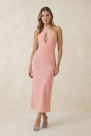 Halter Cut - Out Sheath Satin Midi Bridesmaid Dress in Rose Petal - KissProm Bridesmaid Dresses