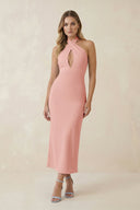 Halter Cut - Out Sheath Satin Midi Bridesmaid Dress in Rose Petal - KissProm Bridesmaid Dresses
