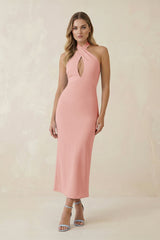 Halter Cut - Out Sheath Satin Midi Bridesmaid Dress in Rose Petal - KissProm Bridesmaid Dresses