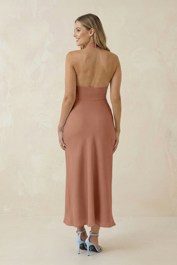 Halter Cut - Out Sheath Satin Midi Bridesmaid Dress in Rosette - KissProm Bridesmaid Dresses