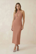 Halter Cut - Out Sheath Satin Midi Bridesmaid Dress in Rosette - KissProm Bridesmaid Dresses