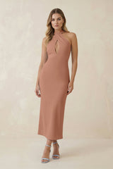 Halter Cut - Out Sheath Satin Midi Bridesmaid Dress in Rosette - KissProm Bridesmaid Dresses