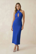 Halter Cut - Out Sheath Satin Midi Bridesmaid Dress in Royal Blue - KissProm Bridesmaid Dresses