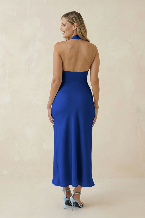 Halter Cut - Out Sheath Satin Midi Bridesmaid Dress in Royal Blue - KissProm Bridesmaid Dresses