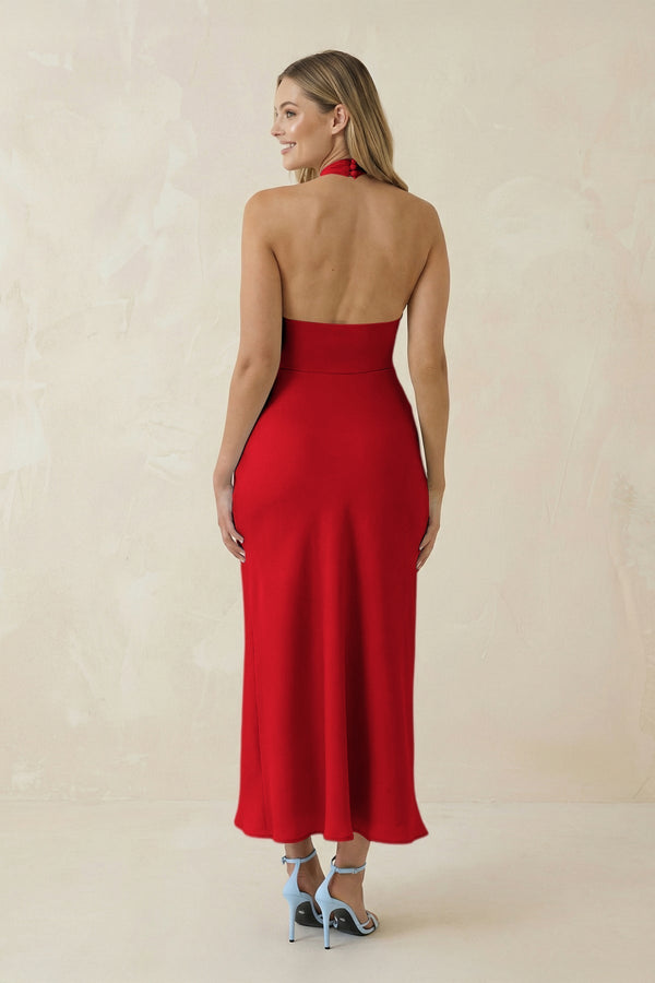 Halter Cut - Out Sheath Satin Midi Bridesmaid Dress in Ruby Red - KissProm Bridesmaid Dresses