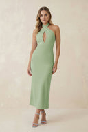 Halter Cut - Out Sheath Satin Midi Bridesmaid Dress in Sage - KissProm Bridesmaid Dresses