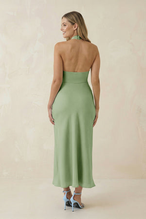 Halter Cut - Out Sheath Satin Midi Bridesmaid Dress in Sage - KissProm Bridesmaid Dresses
