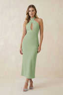 Halter Cut - Out Sheath Satin Midi Bridesmaid Dress in Sage - KissProm Bridesmaid Dresses