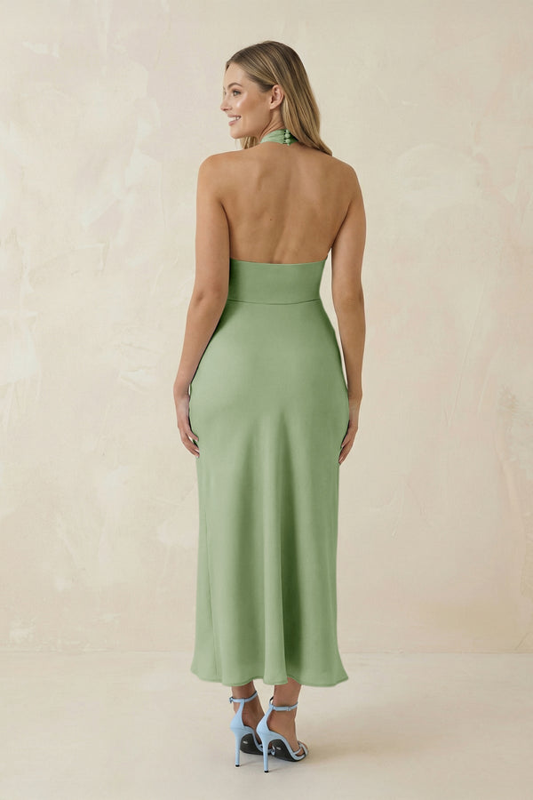 Halter Cut - Out Sheath Satin Midi Bridesmaid Dress in Sage - KissProm Bridesmaid Dresses