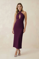 Halter Cut - Out Sheath Satin Midi Bridesmaid Dress in Sangria - KissProm Bridesmaid Dresses