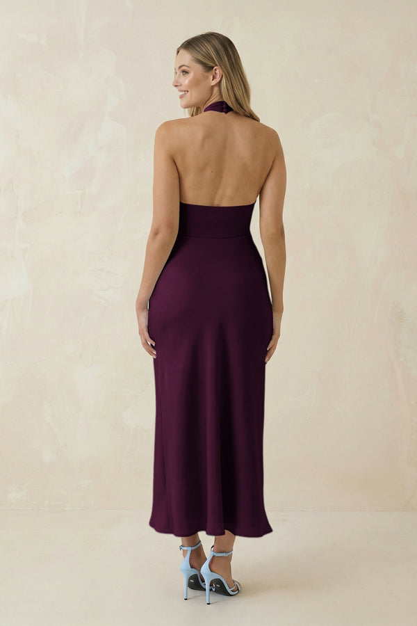 Halter Cut - Out Sheath Satin Midi Bridesmaid Dress in Sangria - KissProm Bridesmaid Dresses