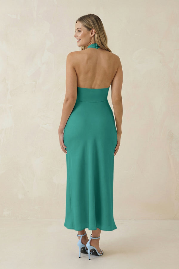 Halter Cut - Out Sheath Satin Midi Bridesmaid Dress in Sea Glass - KissProm Bridesmaid Dresses