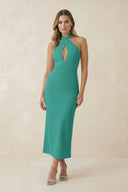 Halter Cut - Out Sheath Satin Midi Bridesmaid Dress in Sea Glass - KissProm Bridesmaid Dresses