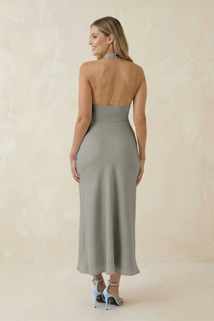 Halter Cut - Out Sheath Satin Midi Bridesmaid Dress in Silver - KissProm Bridesmaid Dresses