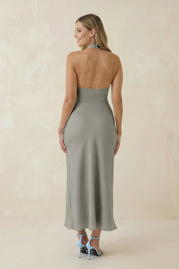 Halter Cut - Out Sheath Satin Midi Bridesmaid Dress in Silver - KissProm Bridesmaid Dresses