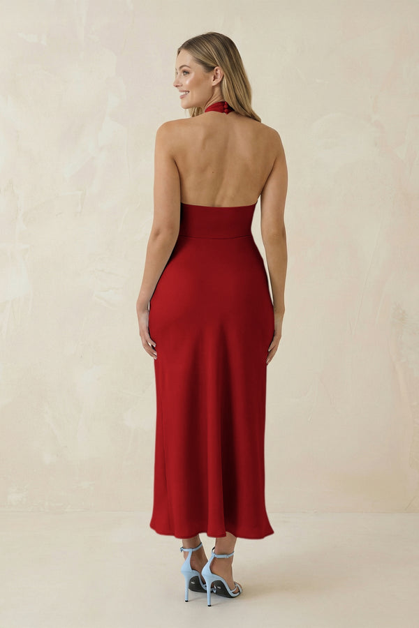 Halter Cut - Out Sheath Satin Midi Bridesmaid Dress in Spice - KissProm Bridesmaid Dresses